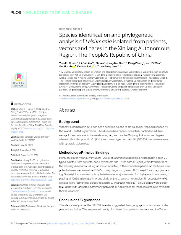 Species identification and phylogenetic analysis of Leishmania isolated from patients, vectors and hares in the Xinjiang Autonomous Region, The People's Republic of China Thumbnail