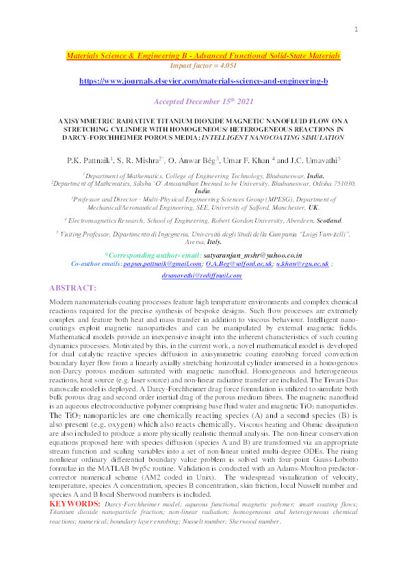 Axisymmetric radiative titanium dioxide magnetic nanofluid flow on a stretching cylinder with homogeneous/ heterogeneous reactions in Darcy-Forchheimer porous media : intelligent nanocoating simulation Thumbnail