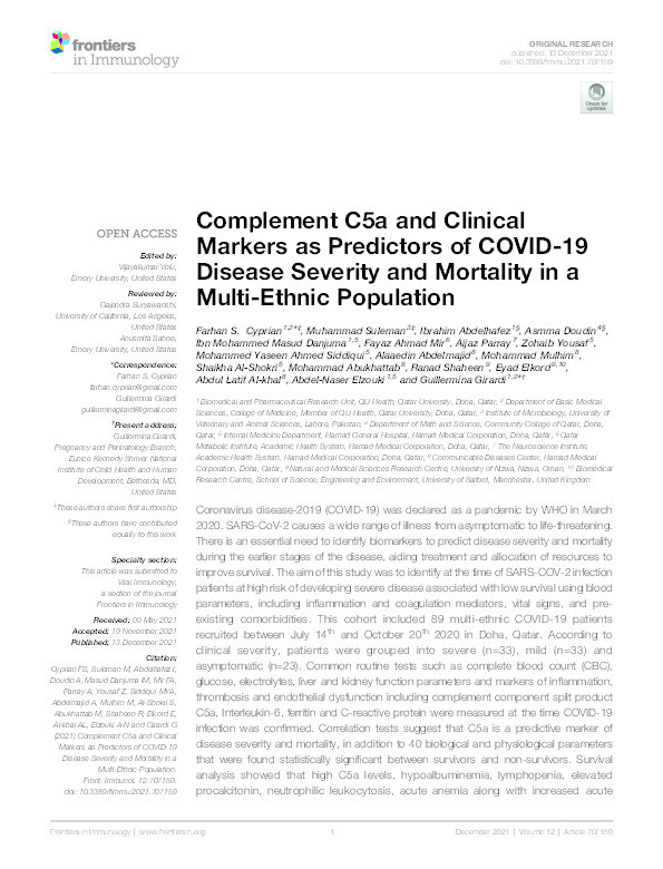 Complement C5a and clinical markers as predictors of COVID-19 disease severity and mortality in a multi-ethnic population Thumbnail