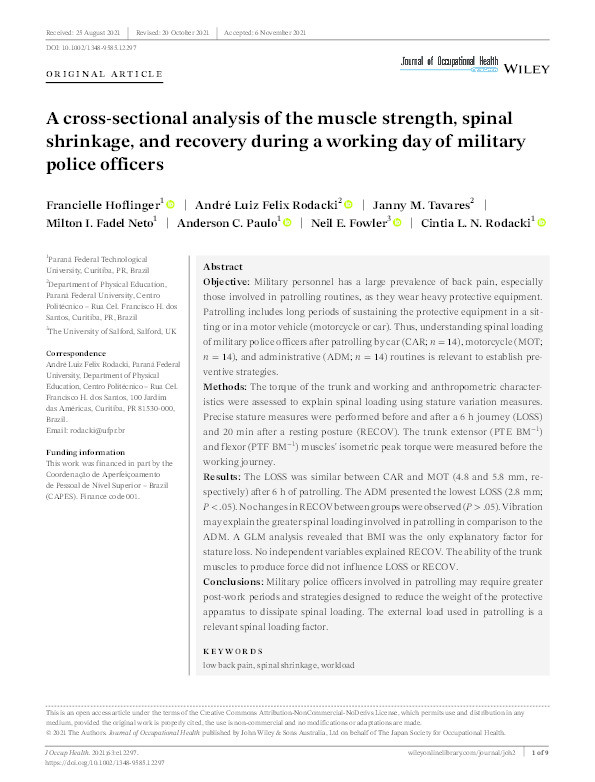 A cross-sectional analysis of the muscle strength, spinal shrinkage, and recovery during a working day of military police officers Thumbnail