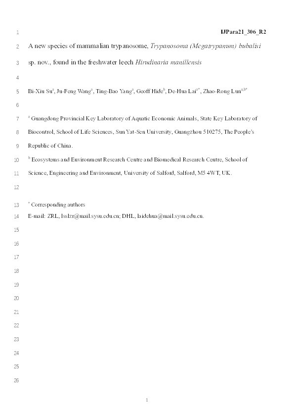 A new species of mammalian trypanosome, Trypanosoma (Megatrypanum) bubalisi sp. nov., found in the freshwater leech Hirudinaria manillensis Thumbnail