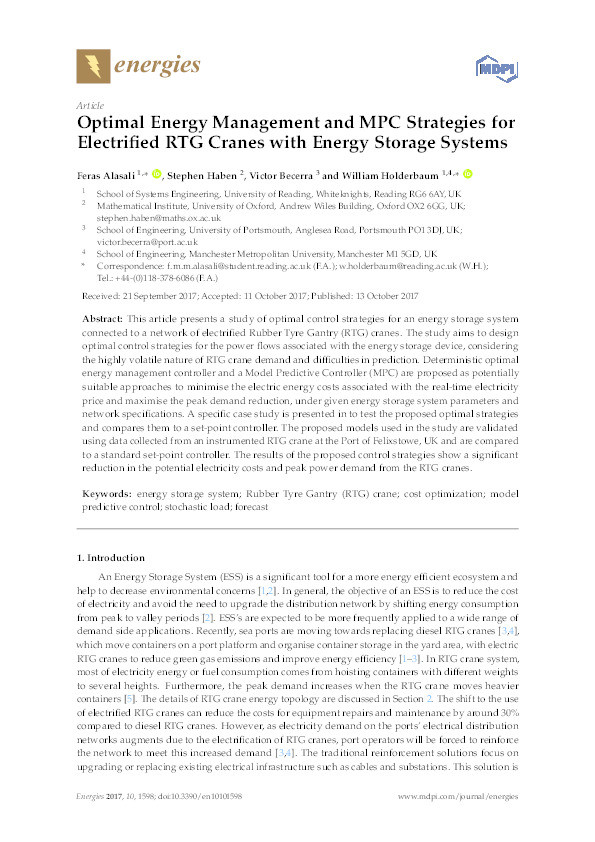 Optimal energy management and MPC strategies for electrified RTG cranes with energy storage systems Thumbnail