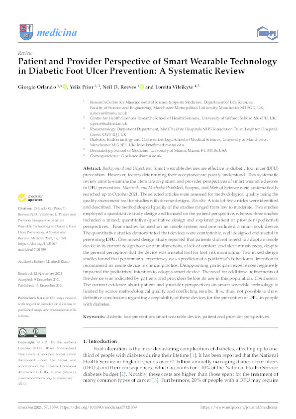 Patient and provider perspective of smart wearable technology in diabetic foot ulcer prevention : a systematic review Thumbnail
