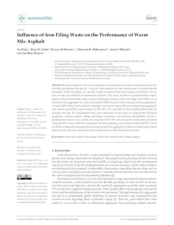 Influence of iron filing waste on the performance of warm mix asphalt Thumbnail