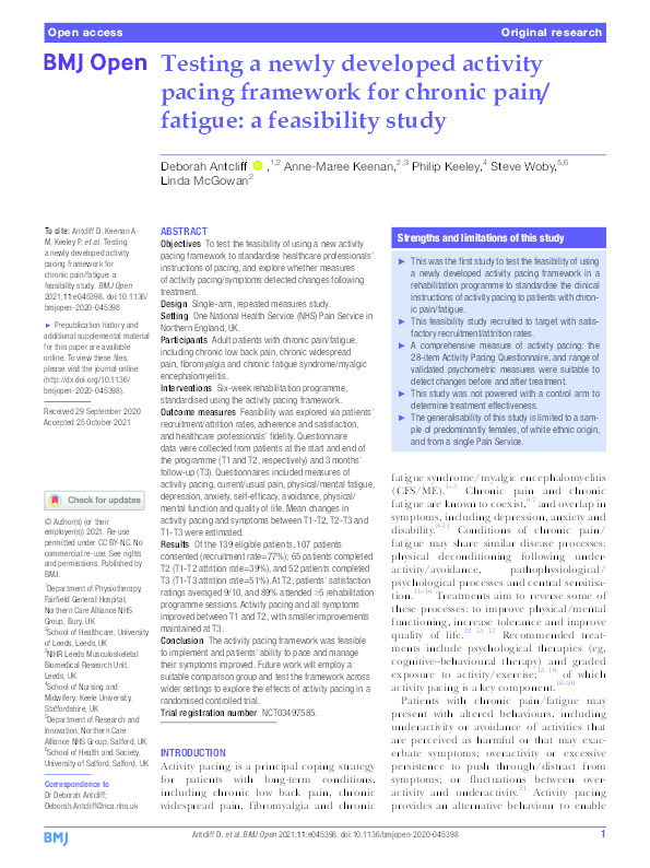 Testing a newly developed activity pacing framework for chronic pain/fatigue : a feasibility study Thumbnail