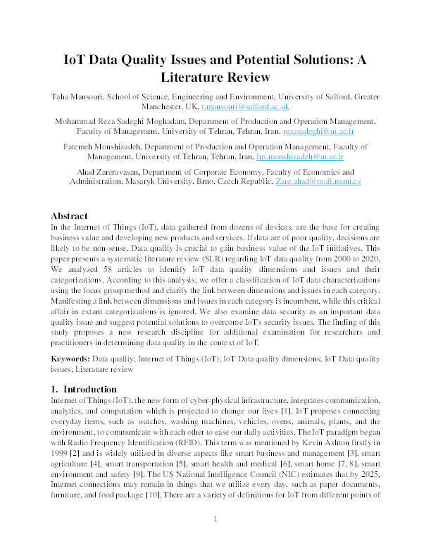 IoT data quality issues and potential solutions : a literature review Thumbnail