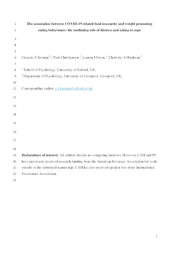 The association between COVID-19 related food insecurity and weight promoting eating behaviours : the mediating role of distress and eating to cope Thumbnail