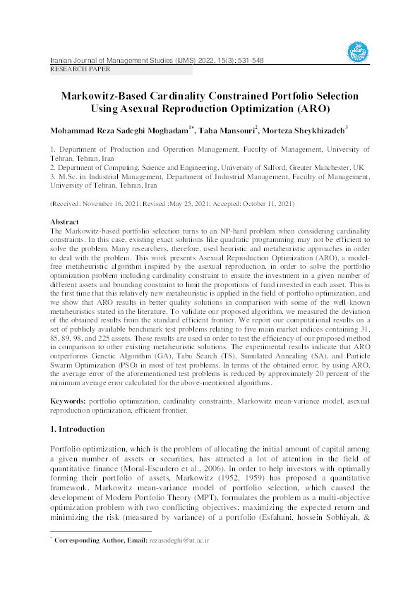 Markowitz-based cardinality constrained portfolio selection using Asexual Reproduction Optimization (ARO) Thumbnail
