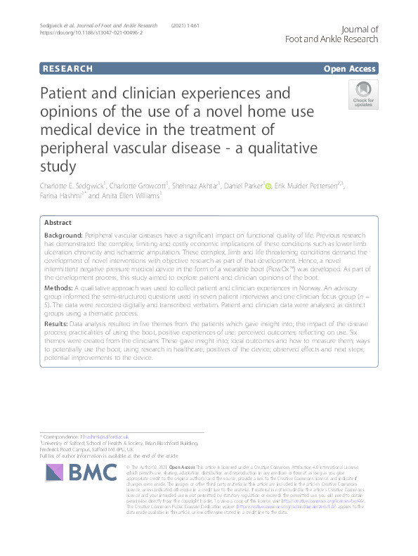Patient and clinician experiences and opinions of the use of a novel home use medical device in the treatment of peripheral vascular disease - a qualitative study Thumbnail