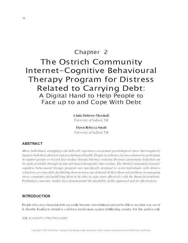 The Ostrich Community Internet-Cognitive Behavioural Therapy program for distress related to carrying debt : a digital hand to help people to face up to and cope with debt Thumbnail