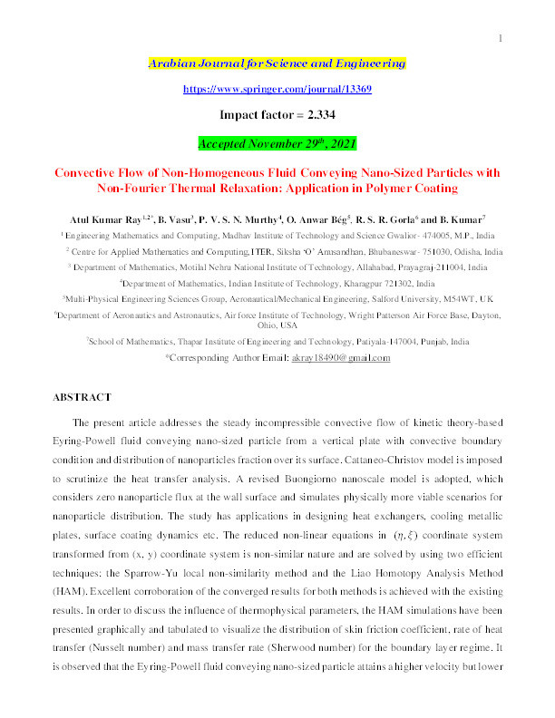 Convective flow of non-homogeneous fluid conveying nano-sized particles with non-Fourier thermal relaxation : application in polymer coating Thumbnail