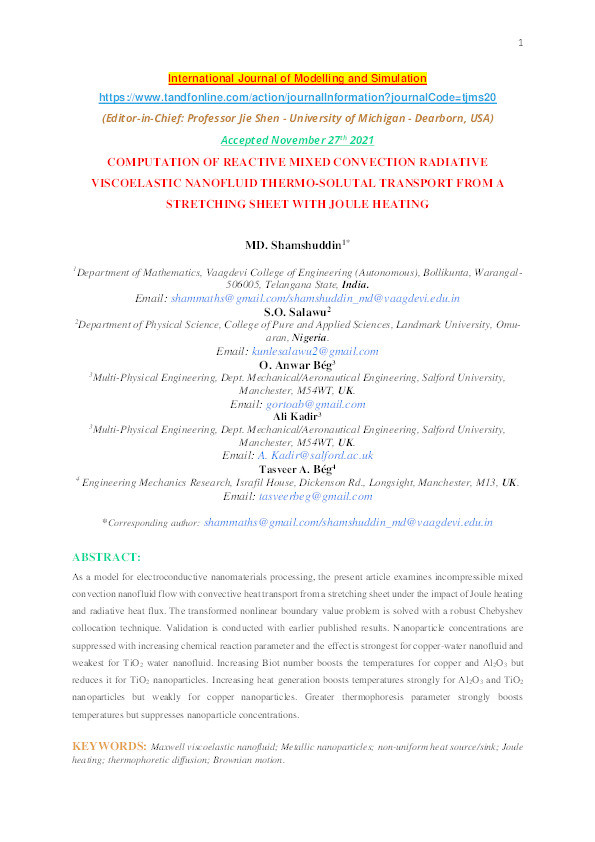 Computation of reactive mixed convection radiative viscoelastic nanofluid thermo-solutal transport from a stretching sheet with Joule heating Thumbnail