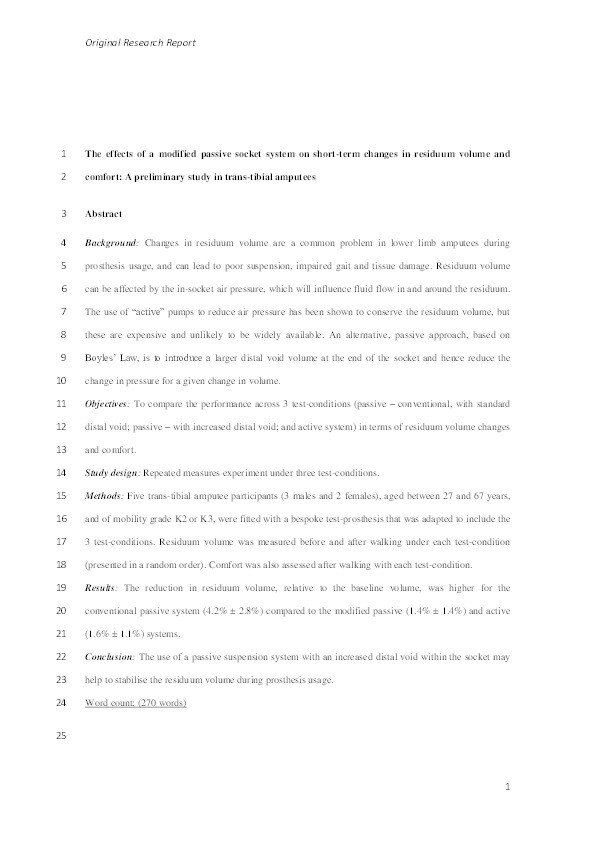 Effects of a modified passive socket system on short-term changes in residuum volume and comfort: A preliminary study in transtibial amputees Thumbnail