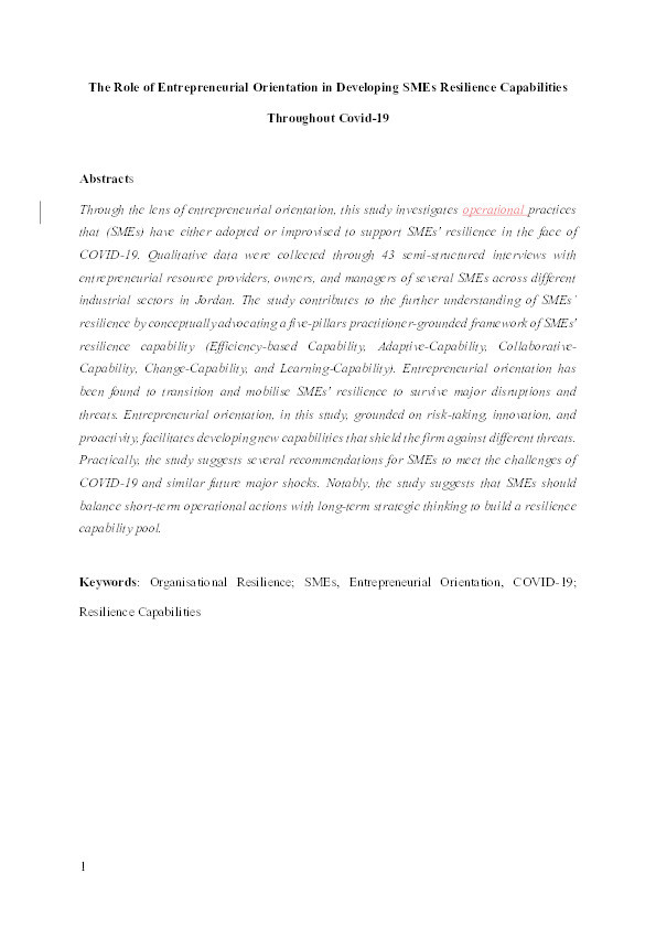 The role of entrepreneurial orientation in developing SMEs resilience capabilities throughout COVID-19 Thumbnail