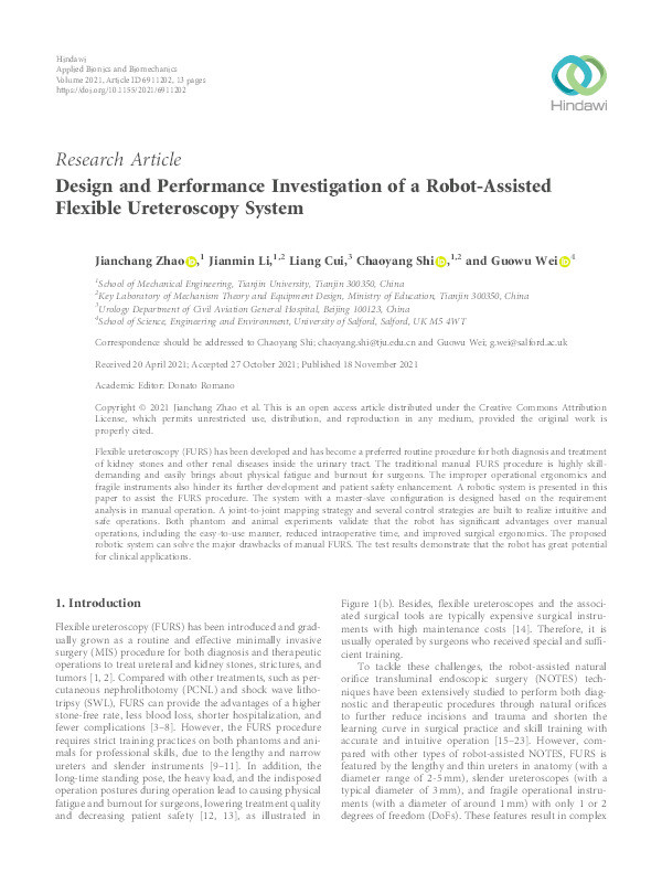 Design and performance investigation of a robot-assisted flexible ureteroscopy system Thumbnail