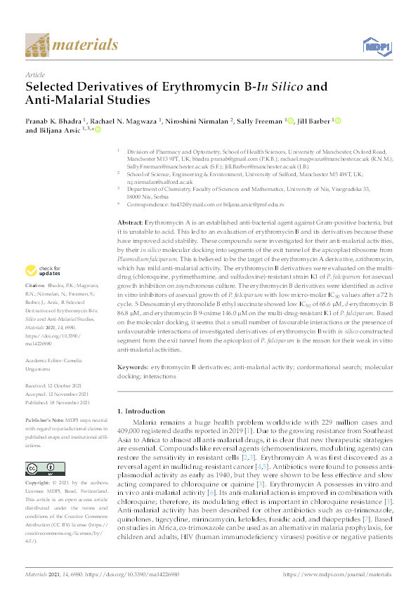 Selected derivatives of erythromycin B- in silico and anti-malarial studies Thumbnail