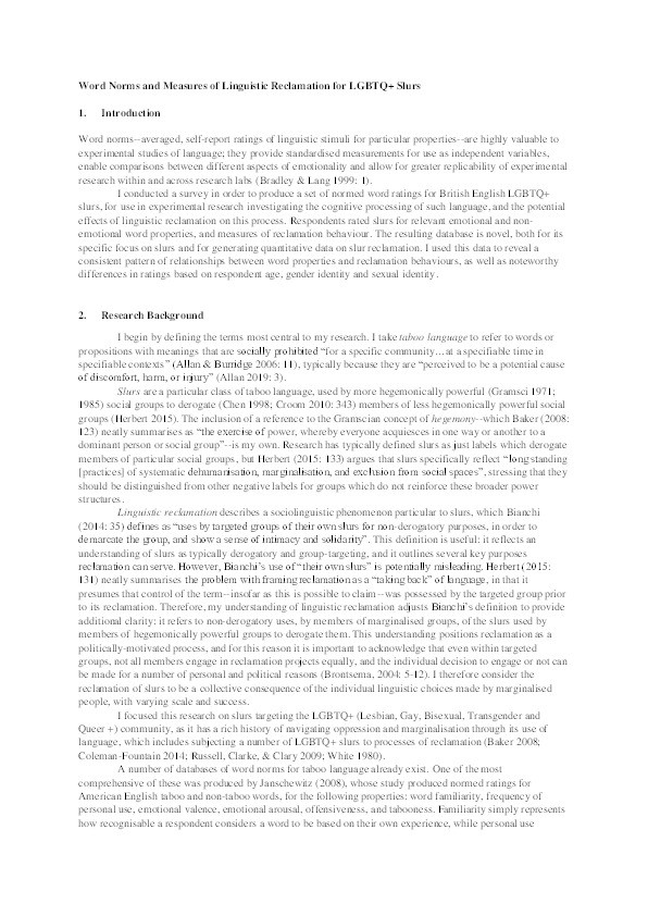Word norms and measures of linguistic reclamation for LGBTQ+ slurs Thumbnail