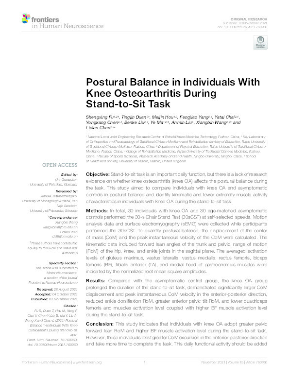 Postural balance in individuals with knee osteoarthritis during stand-to-sit task Thumbnail