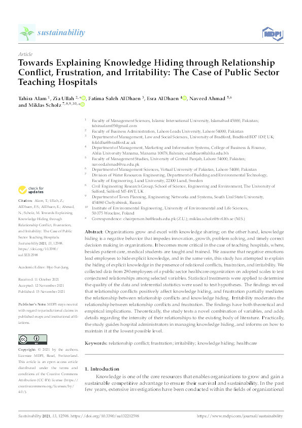 Towards explaining knowledge hiding through relationship conflict, frustration, and irritability : the case of public sector teaching hospitals Thumbnail