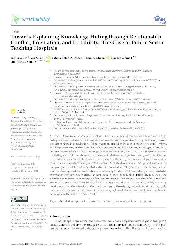 Towards explaining knowledge hiding through relationship conflict, frustration, and irritability : the case of public sector teaching hospitals Thumbnail
