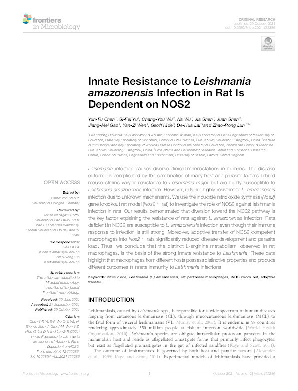 Innate resistance to Leishmania amazonensis Infection in rat is dependent on NOS2 Thumbnail