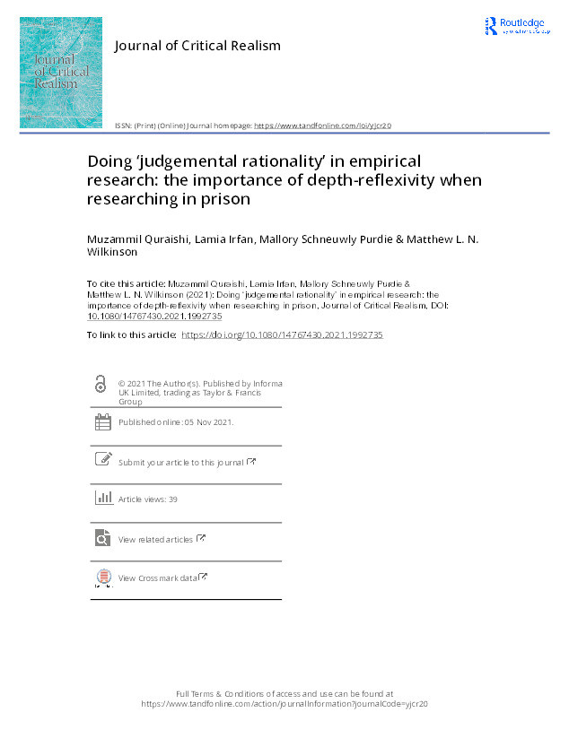 Doing ‘judgemental rationality’ in empirical research : the importance of depth-reflexivity when researching in prison Thumbnail