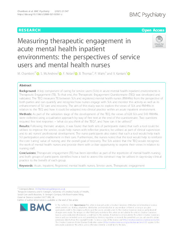 Measuring therapeutic engagement in acute mental health inpatient environments : the perspectives of service users and mental health nurses Thumbnail