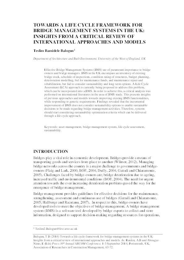 Towards a life cycle framework for bridge management systems in the UK : insights from a critical review of international approaches and models Thumbnail