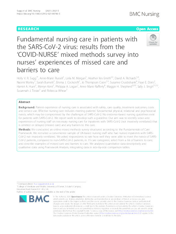 Fundamental nursing care in patients with the SARS-CoV-2 virus : results from the ‘COVID-NURSE’ mixed methods survey into nurses’ experiences of missed care and barriers to care Thumbnail