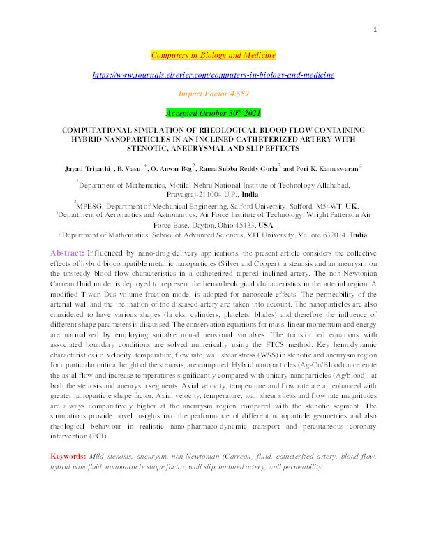 Computational simulation of rheological blood flow containing hybrid nanoparticles in an inclined catheterized artery with stenotic, aneurysmal and slip effects Thumbnail