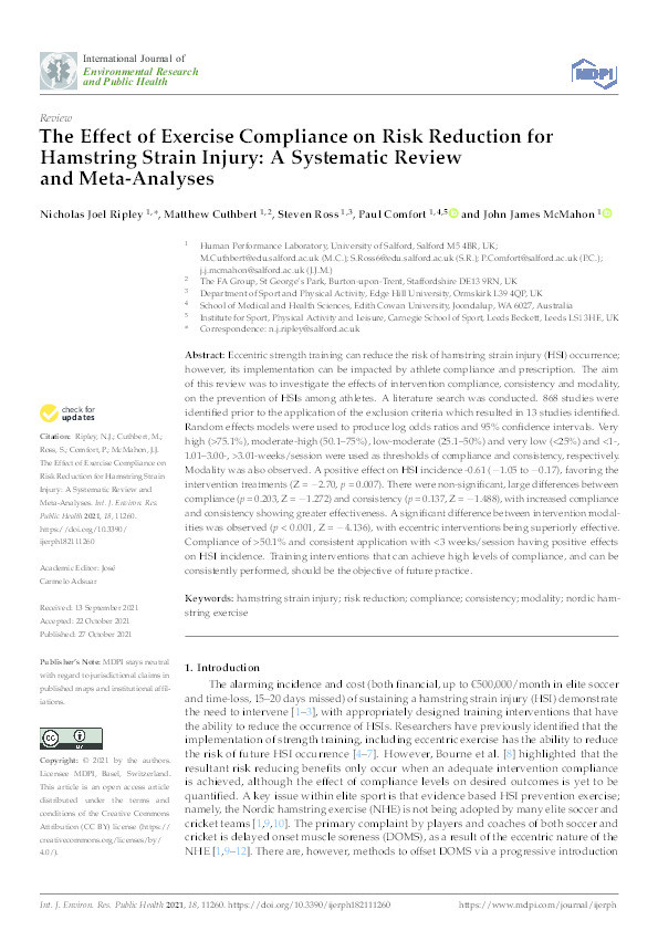 The effect of exercise compliance on risk reduction for hamstring strain injury : a systematic review and meta-analyses Thumbnail