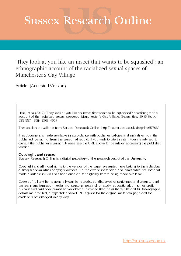 ‘They look at you like an insect that wants to be squashed’ : an ethnographic account of the racialized sexual spaces of Manchester’s Gay Village Thumbnail