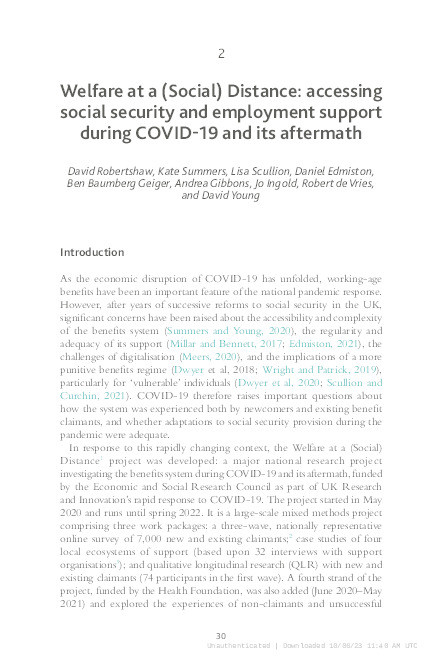 Welfare at a (social) distance : accessing social security and employment support during the Covid-19 and its aftermath Thumbnail