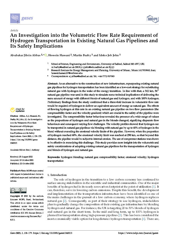 An investigation into the volumetric flow rate requirement of hydrogen transportation in existing natural gas pipelines and its safety implications Thumbnail