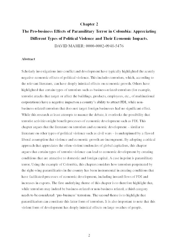 The pro-business effects of paramilitary terror in
Colombia : appreciating different types of political violence and their economic impacts Thumbnail