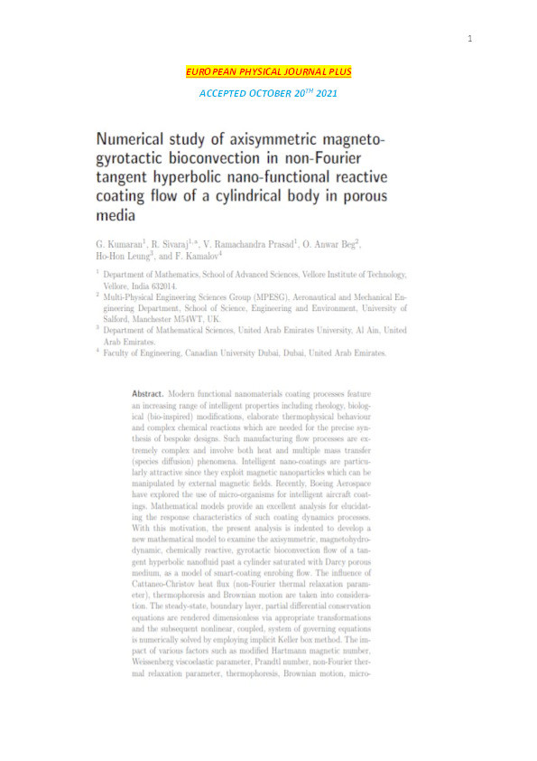 Numerical study of axisymmetric magneto-gyrotactic bioconvection in non-Fourier tangent hyperbolic nano-functional reactive coating flow of a cylindrical body in porous media Thumbnail