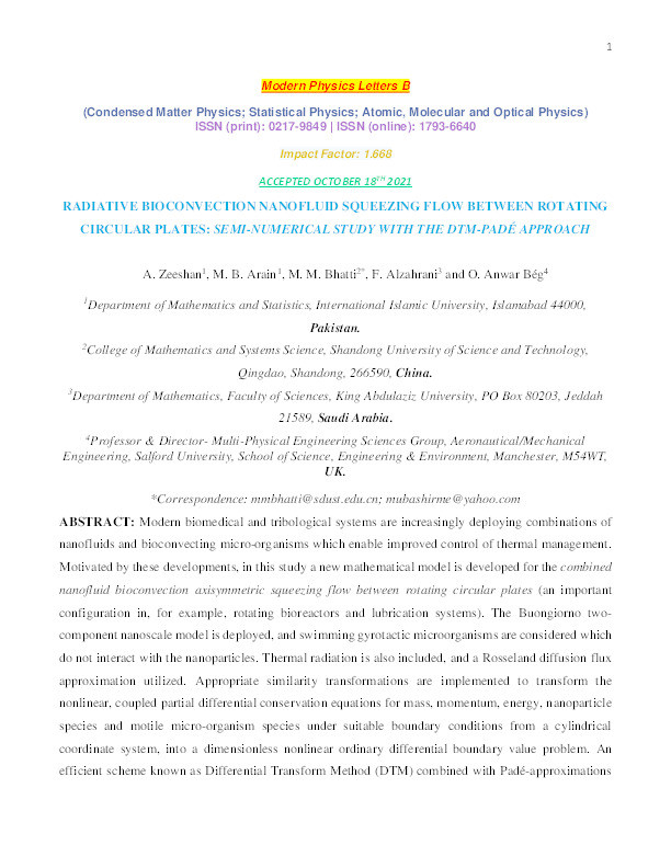 Radiative bioconvection nanofluid squeezing flow between rotating circular plates : semi-numerical study with the DTM-Padé approach Thumbnail