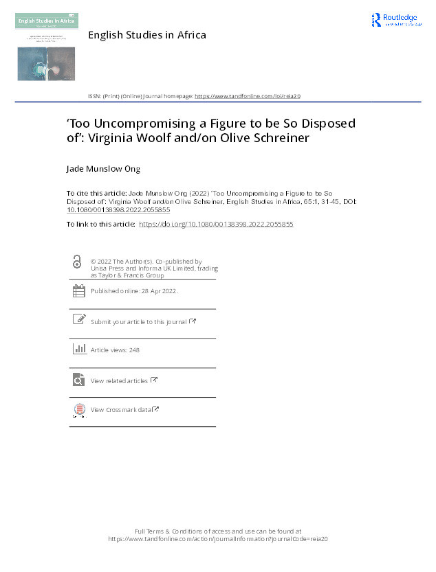 ‘Too uncompromising a figure to be so disposed of’ : Virginia Woolf and/on Olive Schreiner Thumbnail