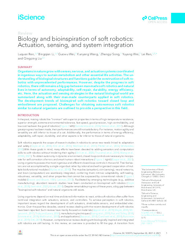 Biology and bioinspiration of soft robotics : actuation, sensing, and system integration Thumbnail