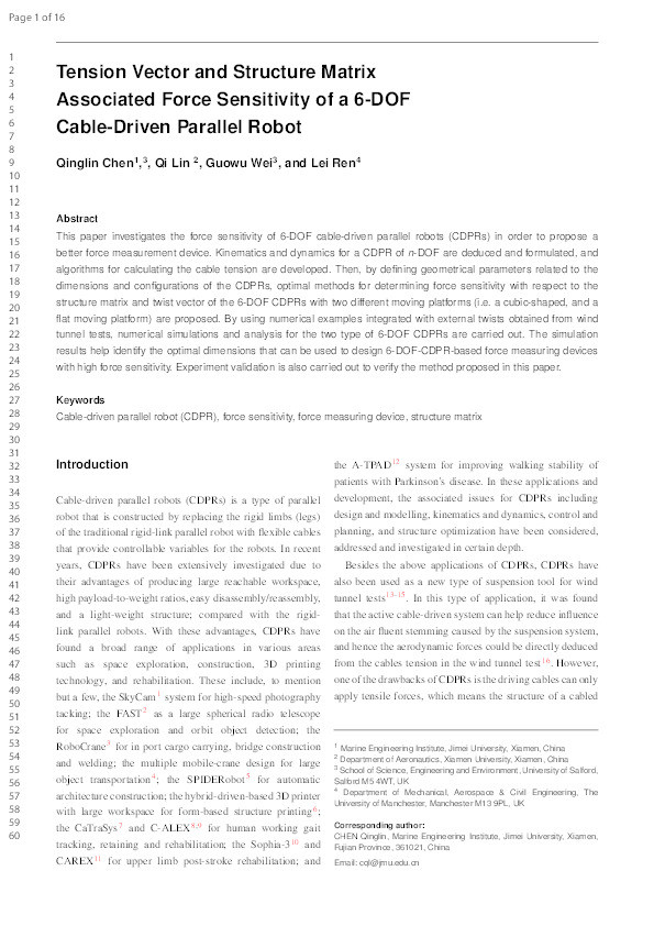 Tension vector and structure matrix associated force sensitivity of a 6-DOF cable-driven parallel robot Thumbnail