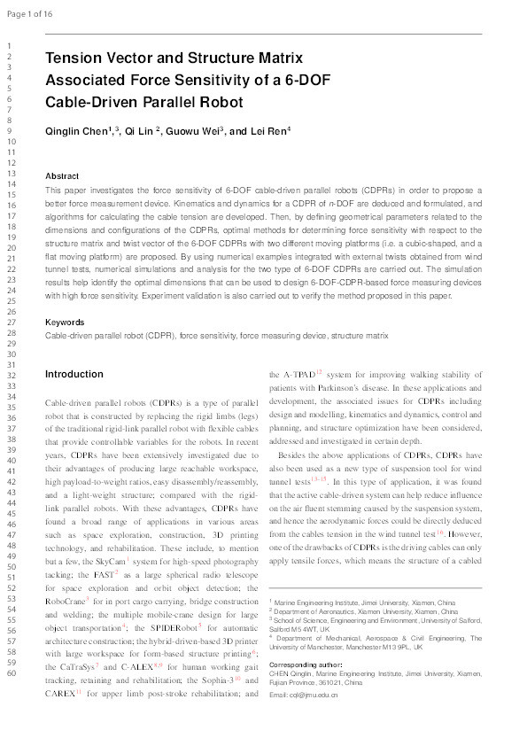 Tension vector and structure matrix associated force sensitivity of a 6-DOF cable-driven parallel robot Thumbnail