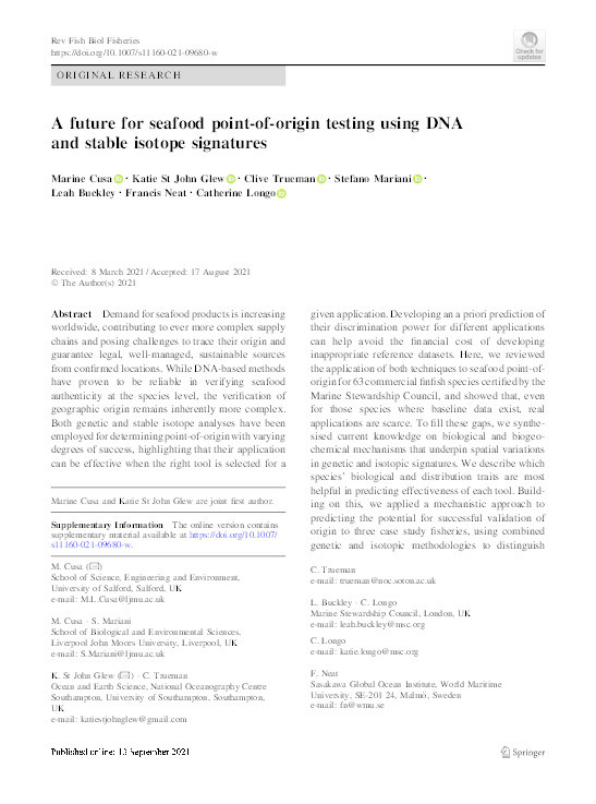 A future for seafood point-of-origin testing using DNA and stable isotope signatures Thumbnail