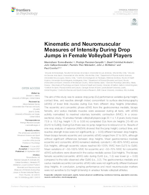 Kinematic and neuromuscular measures of intensity during drop jumps in female volleyball players Thumbnail