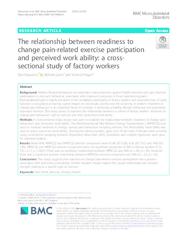 The relationship between readiness to change pain-related exercise participation and perceived work ability : a cross-sectional study of factory workers Thumbnail