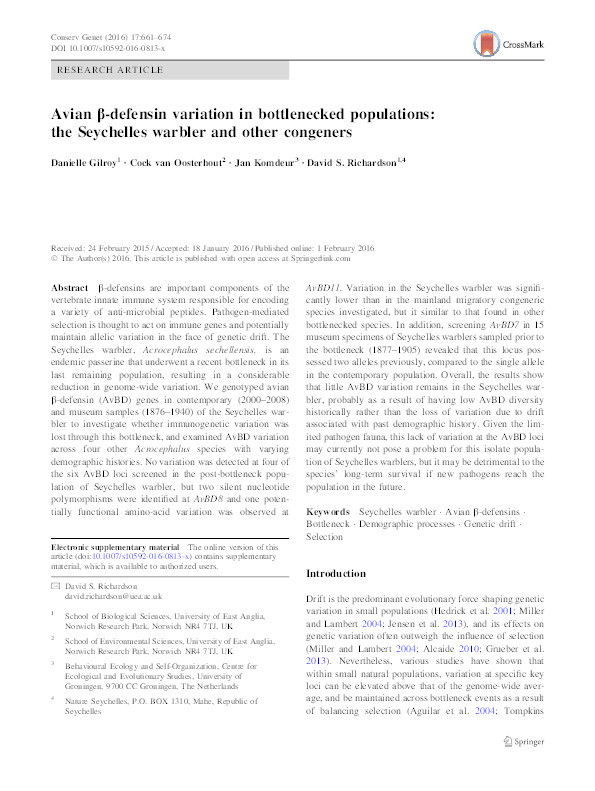Avian β-defensin variation in bottlenecked populations : the Seychelles warbler and other congeners Thumbnail