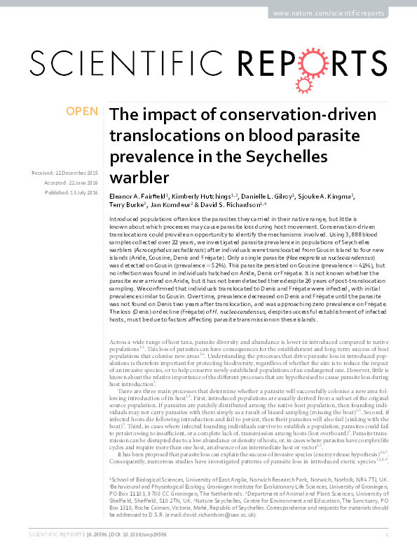 The impact of conservation-driven translocations on blood parasite prevalence in the Seychelles warbler Thumbnail