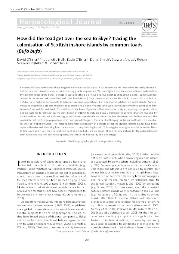 How did the toad get over the sea to Skye? Tracing the 
colonisation of Scottish inshore islands by common toads 
(Bufo bufo) Thumbnail