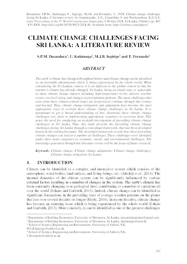 Climate change challenges facing Sri Lanka : a literature review Thumbnail