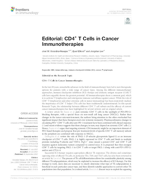 Editorial : CD4+ T cells in cancer immunotherapies Thumbnail