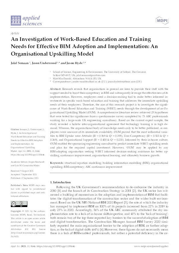 An investigation of work-based education and training needs for effective BIM adoption and implementation : an organisational upskilling model Thumbnail